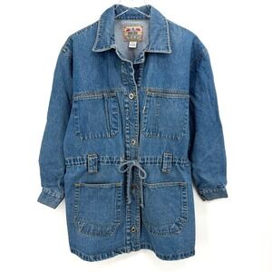 Vintage Jean Blue Denim Utility Chore Jacket Size M Medium Wash Drawstring Waist